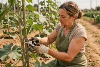 Jardinière pratiquant la taille d'un plant de melon charentais dans un potager en été