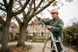 Arboriste professionnel taillant un mûrier mature près d'une maison en pierre en automne, sécurisation de l'arbre par élagage des grosses branches
