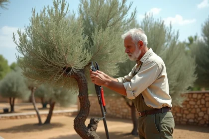 Jardinier taillant un olivier en nuage dans un jardin méditerranéen avec des cisailles à longues branches