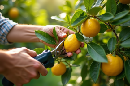 Mains de jardinier taillant un limonier vert et lumineux