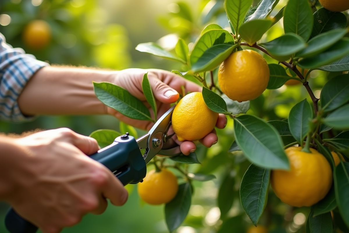 Mains de jardinier taillant un limonier vert et lumineux