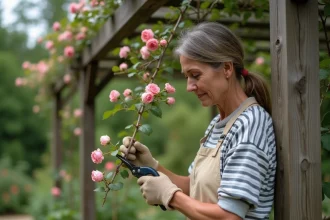 Femme taillant un rosier grimpant sur une pergola en bois dans un jardin de cottage français, tenant un sécateur professionnel