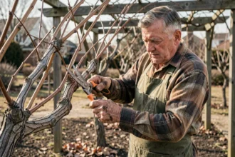 Jardinier expérimenté taillant une vigne de table en hiver avec un sécateur dans un jardin résidentiel