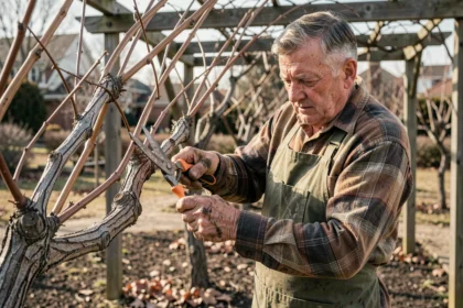 Jardinier expérimenté taillant une vigne de table en hiver avec un sécateur dans un jardin résidentiel