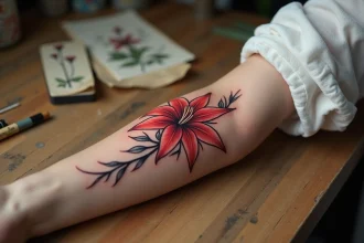 Tatouage lycoris radiata en style japonais irezumi sur l'avant-bras d'une femme, motif fleur araignée rouge aux détails fins et linework noir