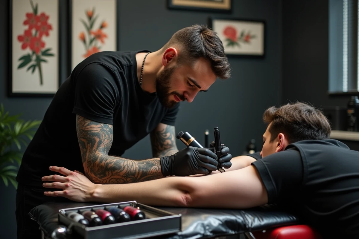 Tatoueur professionnel au travail dessinant un motif lycoris radiata sur le bras d'un client dans un studio de tatouage japonisant