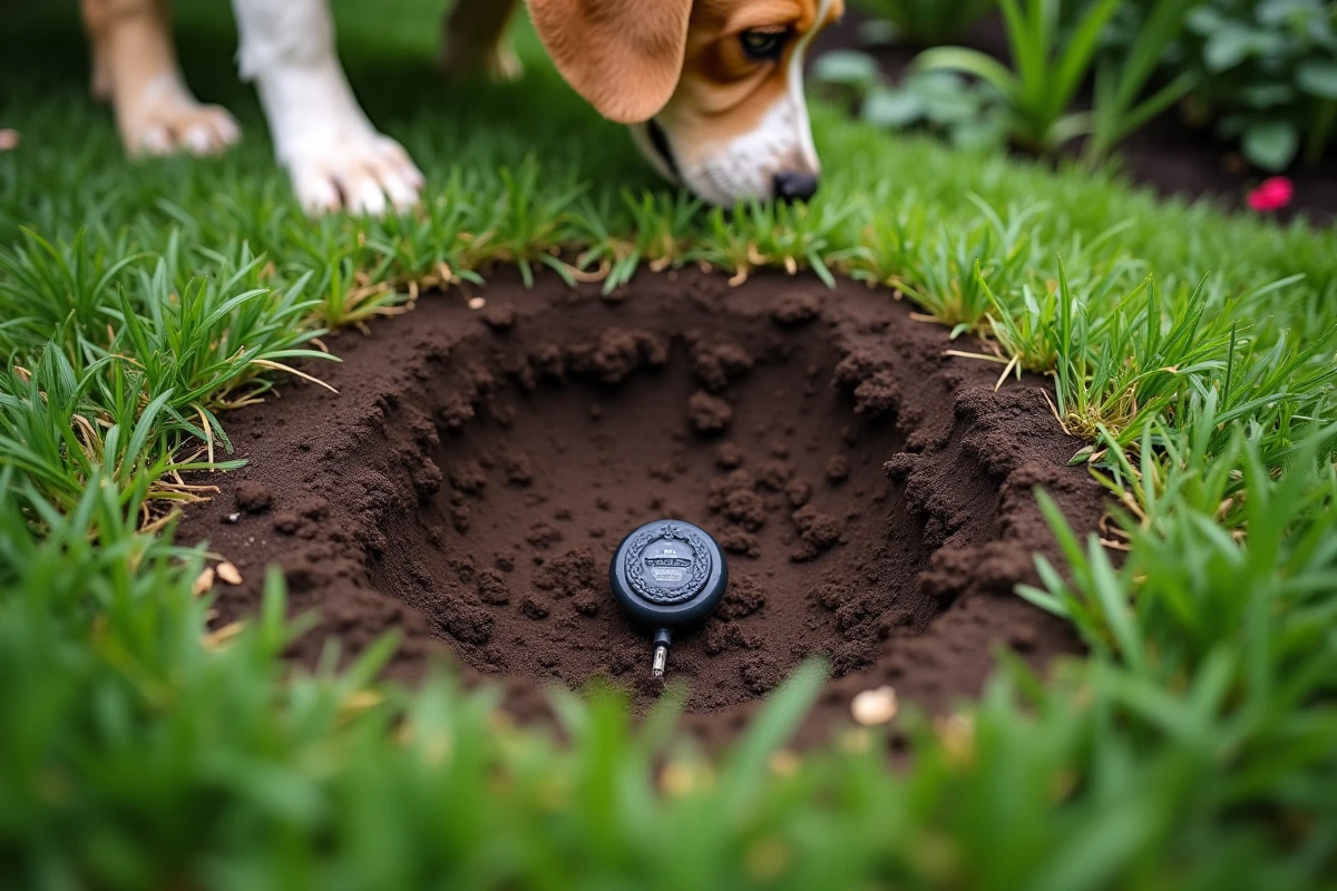 Taupinière dans un jardin avec répulsif ultrasonique et pattes de chien curieux