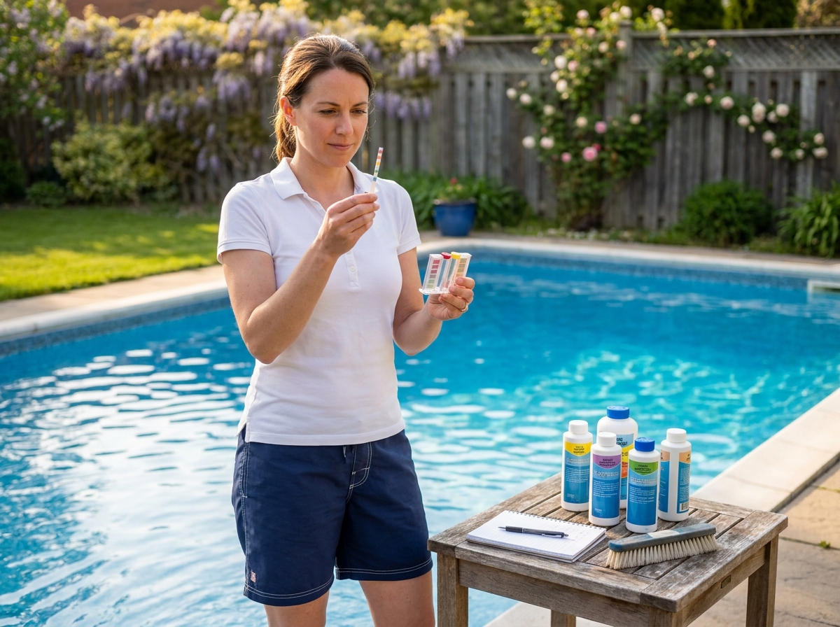 Femme analysant la qualité de l'eau de sa piscine avec un kit de test au printemps