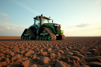 Grand tracteur traversant un champ labouré sous un ciel clair