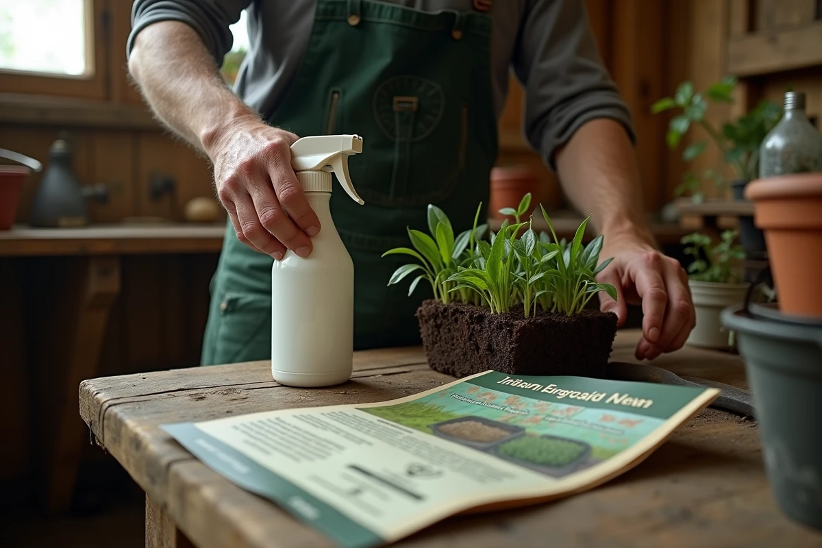 Mains d'agriculteur plaçant du glyphosate à côté de plants biologiques et d'un guide sur les désherbants alternatifs