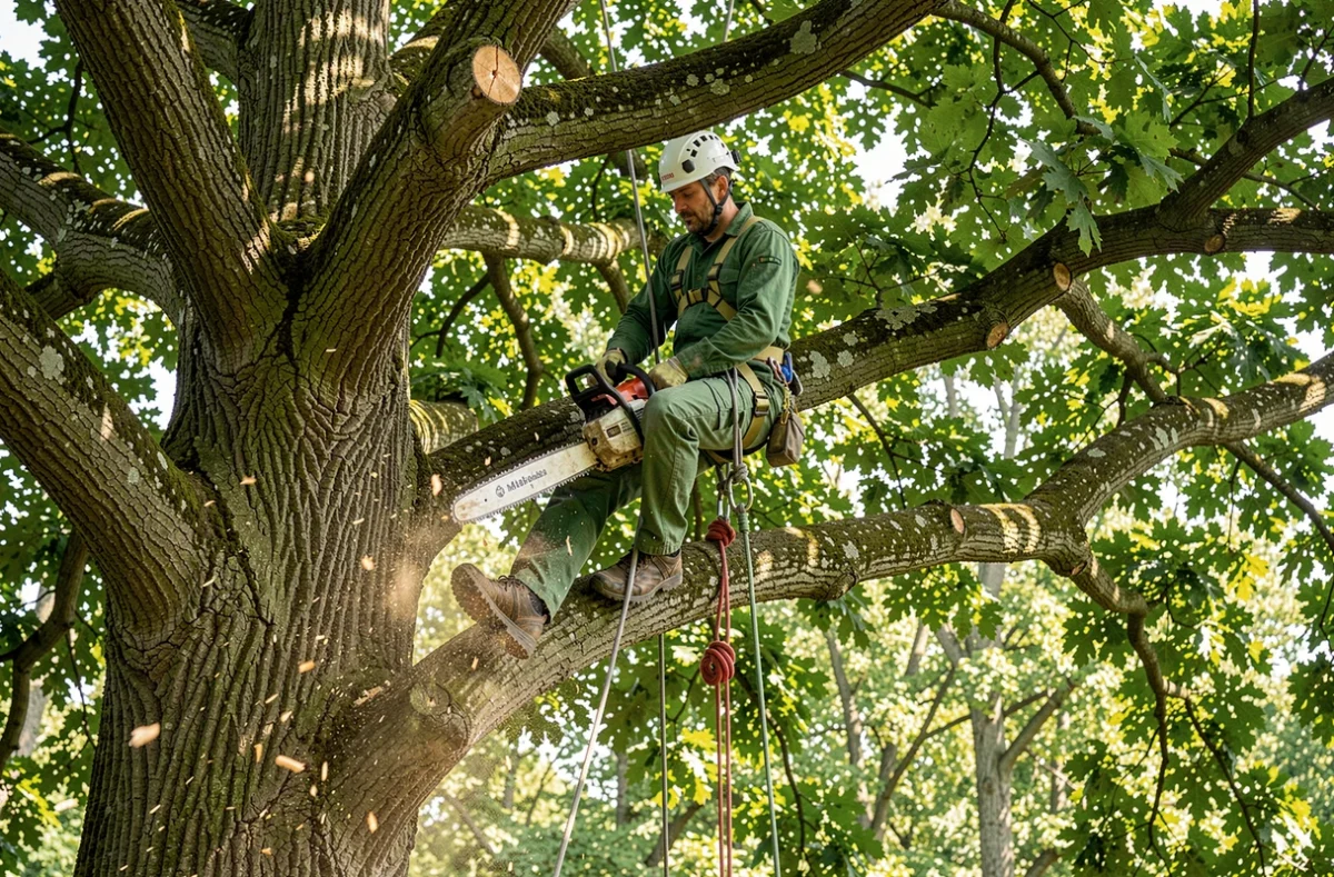 Élagueur professionnel en hauteur dans un chêne avec équipement de sécurité dans le Morbihan