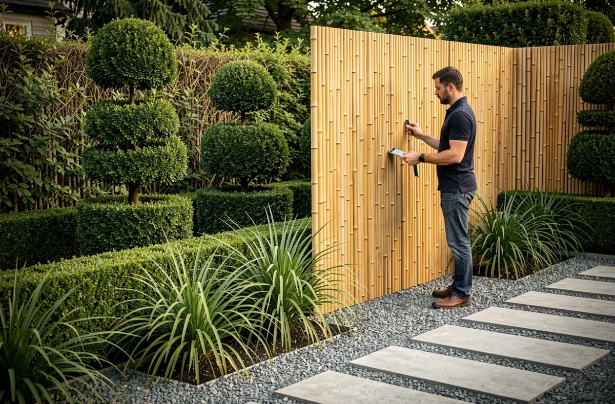 Jardin contemporain avec topiaires en if, écrans de bambou et graviers gris réalisé par Vegetal Limit SARL dans le Morbihan
