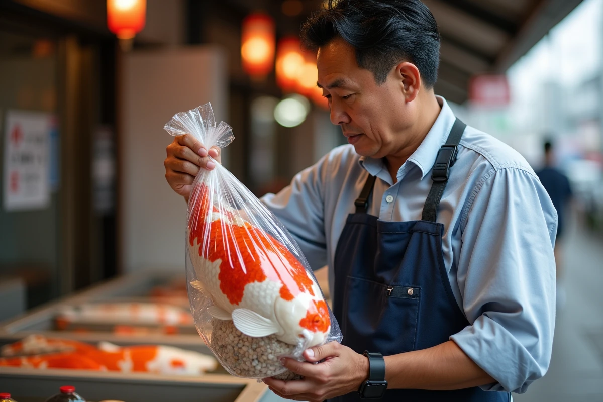Vendeur professionnel tenant un sac transparent avec une carpe koï kohaku de grande taille dans un marché aux poissons ornementaux