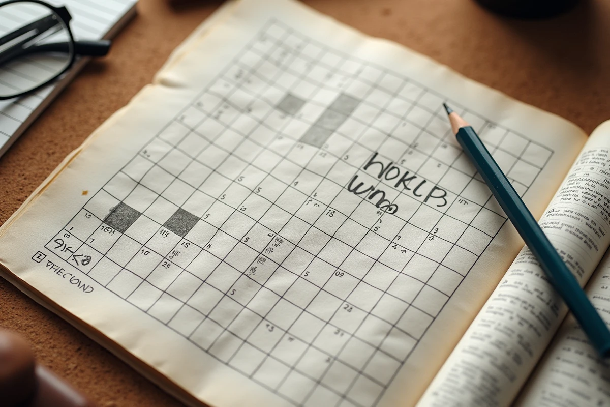 Vue aérienne d'une grille de mots croisés avec des lettres manuscrites et un crayon posé dessus