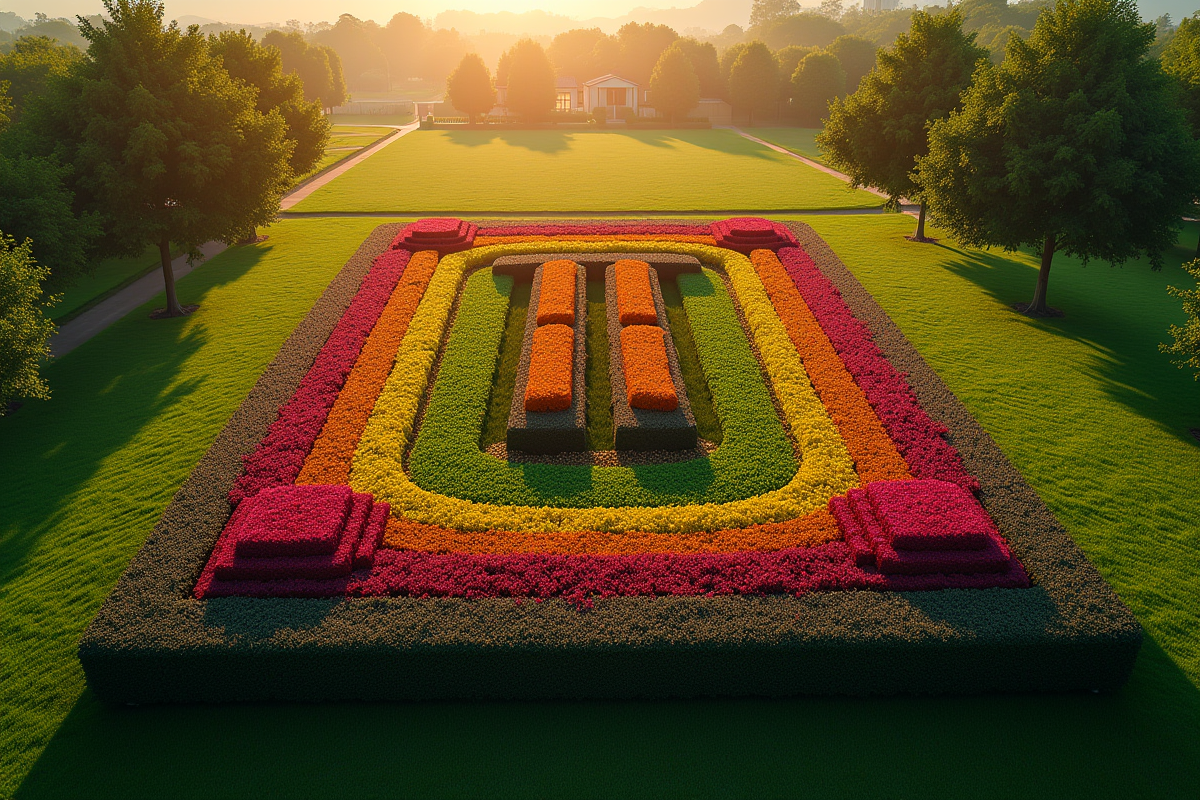 Vue aérienne d un jardin de fleurs colorées en heure dorée