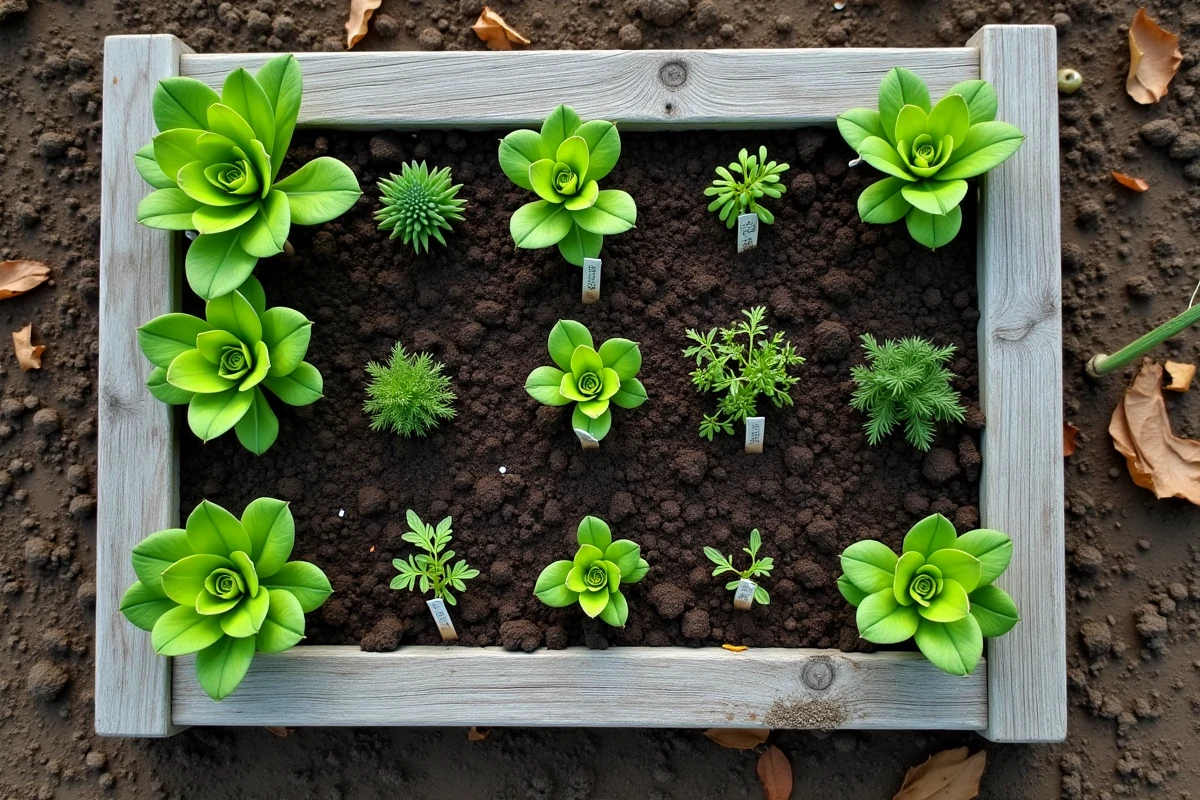 Vue a&eacute;rienne d'un potager en carr&eacute; divis&eacute; en neuf sections avec semis de l&eacute;gumes et marqueurs artisanaux en bois