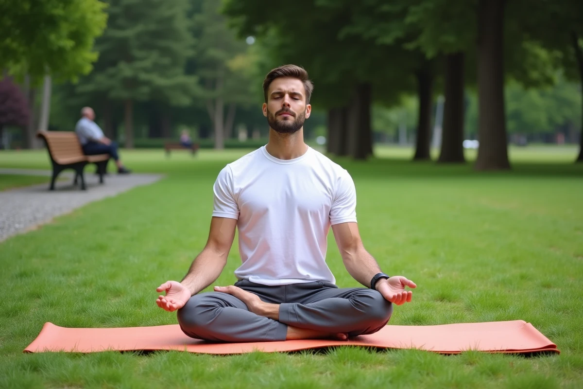 Homme en posture de méditation yoga sur un tapis dans un parc verdoyant d'Annecy